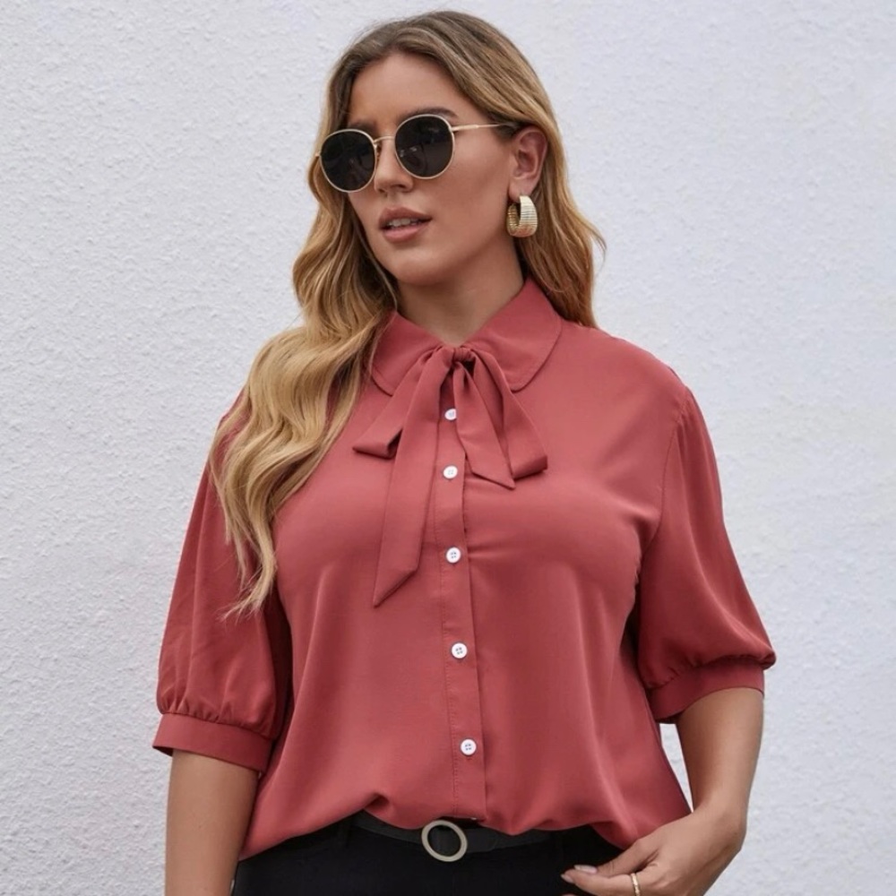 Shein Plus Tie Neck Puff Sleeve Blouse Size 2XL or 16